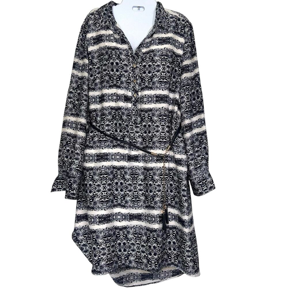 Antonio Melani Dress Size 10 Blue White Belted Shift Long Sleeve Work Career